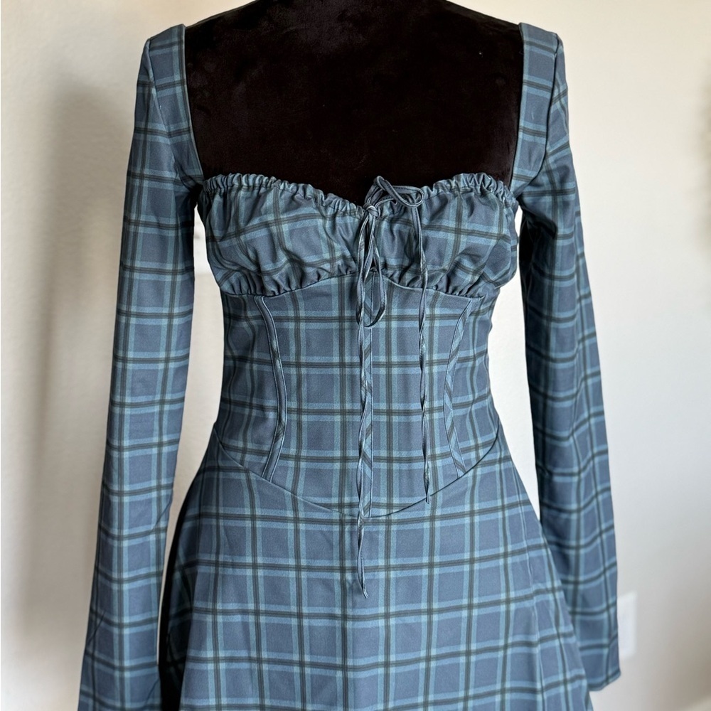 MALIKA BLUE TARTAN CORSET MINI DRESS - Picture 9 of 11